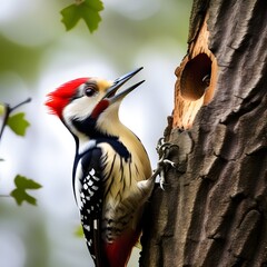 Woodpecker standing on a tree trunk