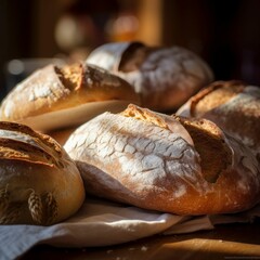 AI generated illustration of an array of freshly baked loaves of bread on a wooden table