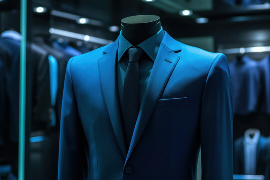 A men shirt in the form of dark blue suits on a mannequin.