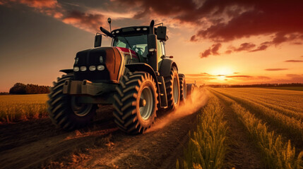 Fototapeta premium A powerful tractor drives across a huge field.