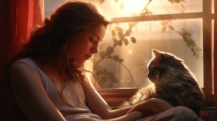 As sunlight streams through a window, a cat nestles against a young woman, both lost in a moment of tranquil companionship. - obrazy, fototapety, plakaty