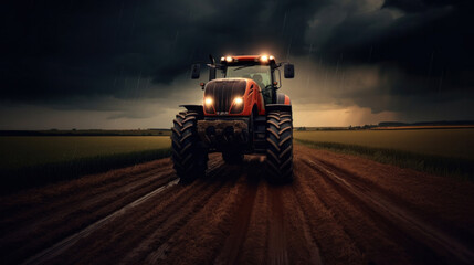 Fototapeta premium A powerful tractor drives across a huge field.