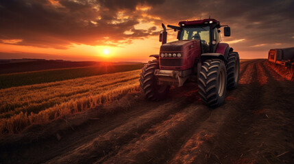 Fototapeta premium A powerful tractor drives across a huge field.