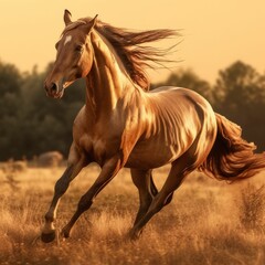 Beautiful chestnut-colored horse galloping through a golden grass field at sunset, AI-generated.