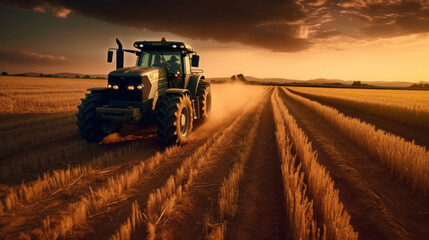 Fototapeta premium A powerful tractor drives across a huge field.