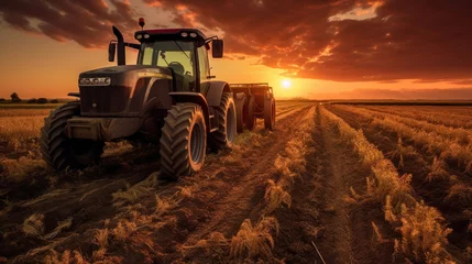 Rolgordijnen A powerful tractor drives across a huge field. © tong2530
