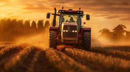 Fototapeta premium A powerful tractor drives across a huge field.
