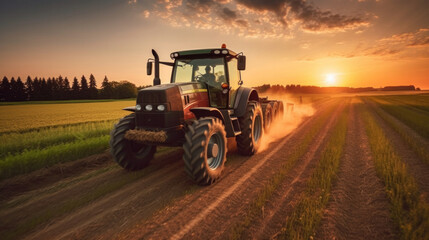 Fototapeta premium A powerful tractor drives across a huge field.