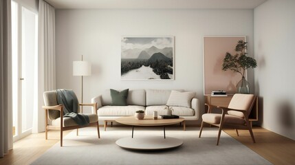 AI generated illustration of stylish living room interior with mockup frame poster