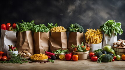 Healthy Grocery Selection - Fresh vegetables, aromatic herbs, and various pasta types in paper bags on a dark background, showcasing a panoramic assortment for nutritious cooking