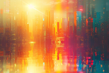 A colorful and futuristic background with cityscape as well as the sun on top.