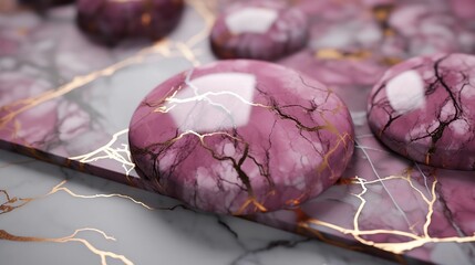 AI generated illustration of a close-up of freshly-baked shiny purple cookies