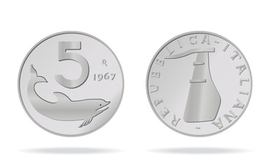 5 Lire of Italy in front and back. Vector illustration on a white background is made in 3D style