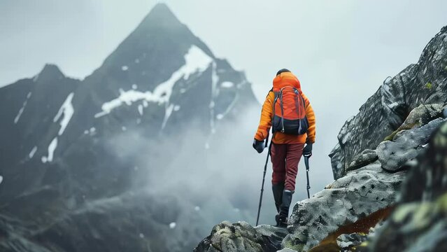 Hiker with a backpack and trekking poles on the top of a mountain