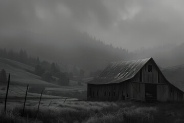 Black and White Photo of a Barn in a Field
