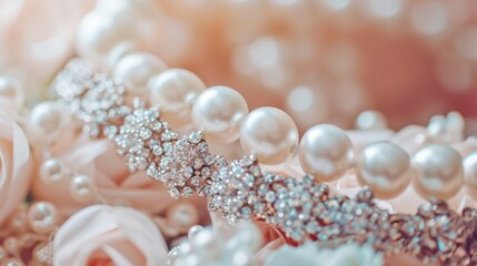 Bridal pearls and crystals closeup. AI generated.