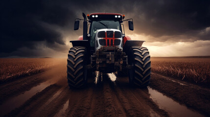 Fototapeta premium A powerful tractor drives across a huge field.