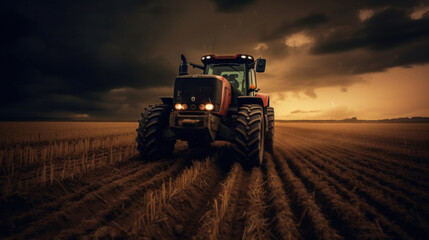 Fototapeta premium A powerful tractor drives across a huge field.