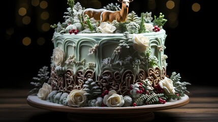 Obraz na płótnie Canvas A breathtaking view of a Christmas cake inspired by a winter forest, featuring meticulously crafted edible pine trees, graceful deer figurines, and a light dusting of edible snow, all captured 
