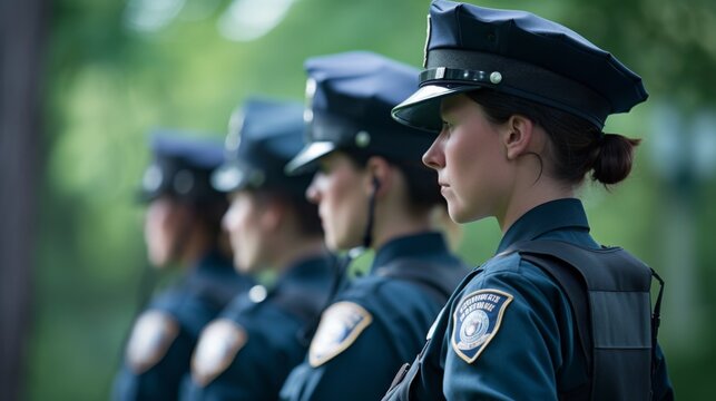 A Row Of Police Officers In Uniform Lined Up Side By Side, AI