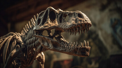 a T-Rex dinosaur skeleton in a museum.