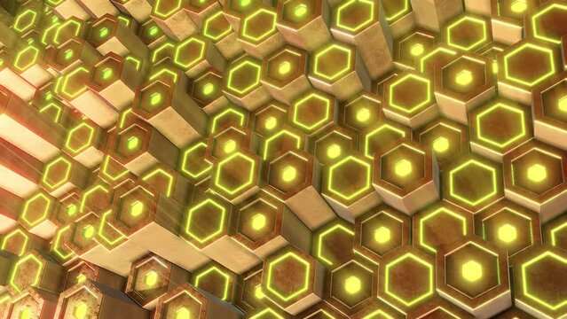 Neon Face Golden Hexagons Background