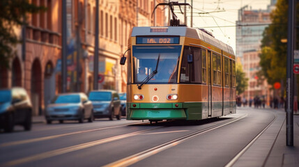 A tram rides down the street city. - obrazy, fototapety, plakaty