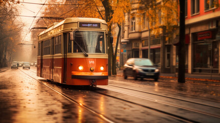 A tram rides down the street city.