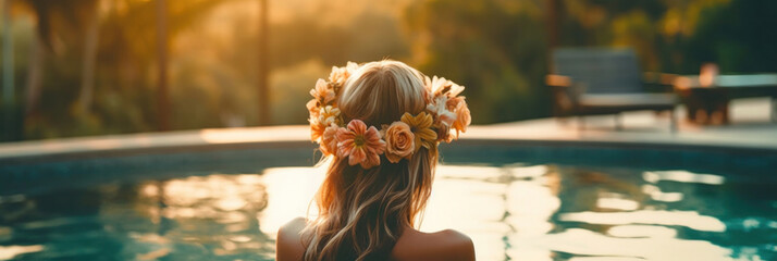 behind of a woman with flowers in hair relaxing in Infinity pool with a view to the jungle. - obrazy, fototapety, plakaty