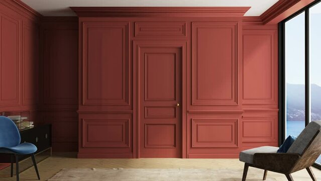 Door opening to the white doorway. Living room with neoclassic interior design. Classic Interior design. Isolated with green chroma key.