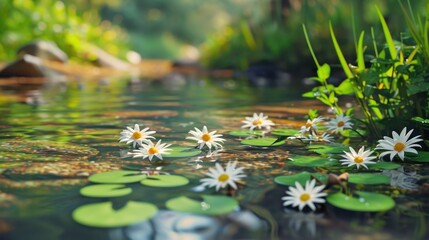 Pond with daisies. AI generated.