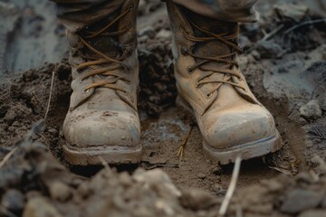 A Pair of Dirty Boots Stands in the Mud