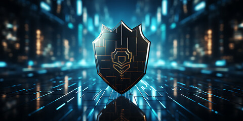 AI generated illustration of a cybersecurity shield symbol on a blue background - obrazy, fototapety, plakaty