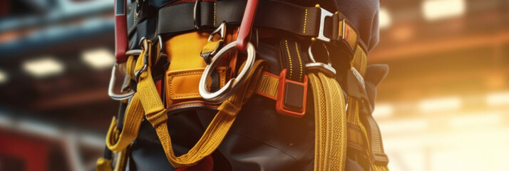 Close up of Work on high-altitude equipment. Fall arrest device for worker with safety belt hooks
