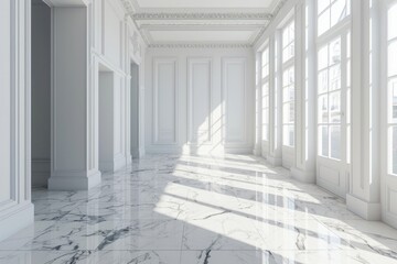Modern White Interior Design: Empty Room with Marble Floor