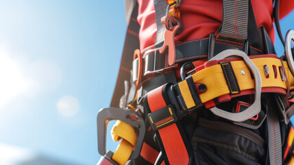 Close up of Work on high-altitude equipment. Fall arrest device for worker with safety belt hooks