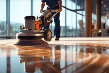 Close up of worker polishing hard floor with high speed polishing machine.