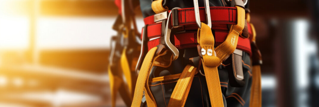 Close up of Work on high-altitude equipment. Fall arrest device for worker with safety belt hooks