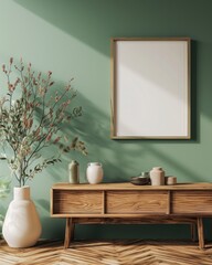 Vertical Frame Mockup on Green Wall with Wooden Console - 3D Rendered Interior Design