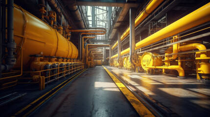 industrial factory with machinery and a yellow guided pathway. modern factory.