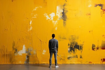 AI generated illustration of a man standing against a painted yellow wall
