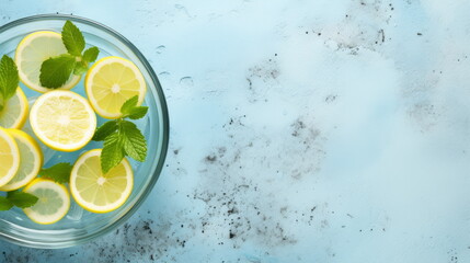 Lemon and Mint Infusion - Sliced lemons and fresh mint leaves floating in a bowl of water, creating a refreshing summer drink, on a light blue textured background