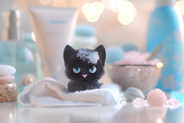 シャンプー中の黒猫（3D）
 - obrazy, fototapety, plakaty