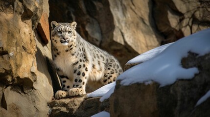 Fototapeta premium AI generated illustration of a majestic snow leopard sitting atop a snow-covered rock