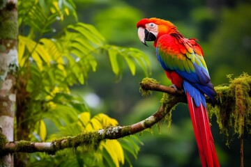 Obraz premium AI generated illustration of a vibrant, colorful parrot perched atop a branch