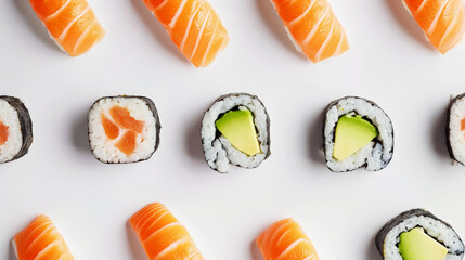 Delicious fresh salmon nigiri and sushi rolls. Light background. Asiatic cuisine. Aesthetic food concept. Generative AI