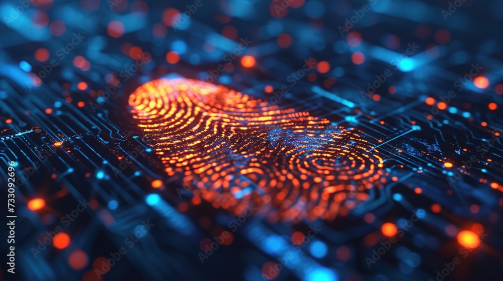 Poster macro view of a fingerprint overlay on a blue electronic circuit board, representing secure biometri