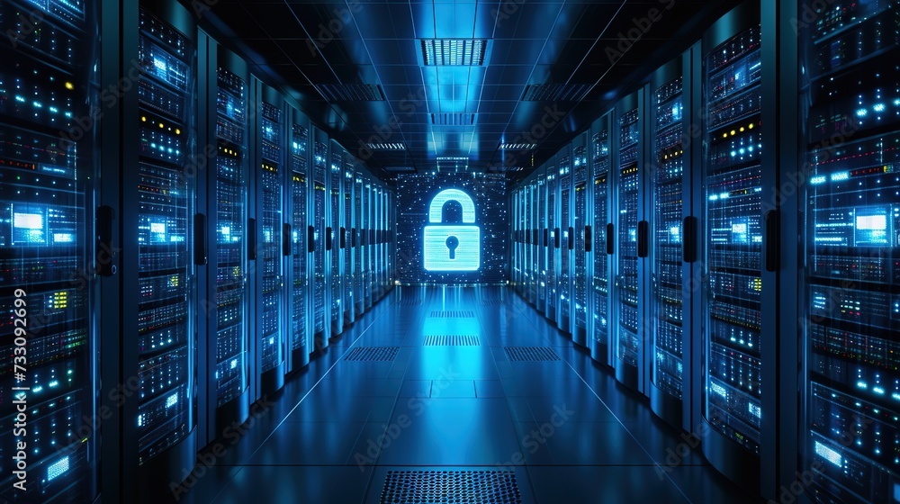 Poster modern server room with digital security hologram, illustrating high-tech data protection and networ