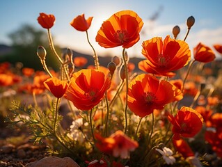 AI generated illustration of red poppy flowers in a field on a sunny day
