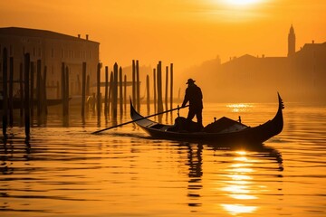 A gondolier navigating a traditional gondola through the canals during a stunning sunset